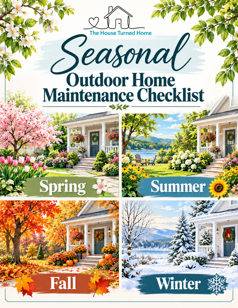 Seasonal Outdoor Home Maintenance Checklist cover featuring spring, summer, fall, and winter home scenes.